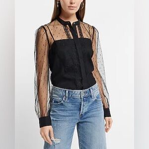 Express Tulle Polka Dot Long Sleeve Button Up Shirt